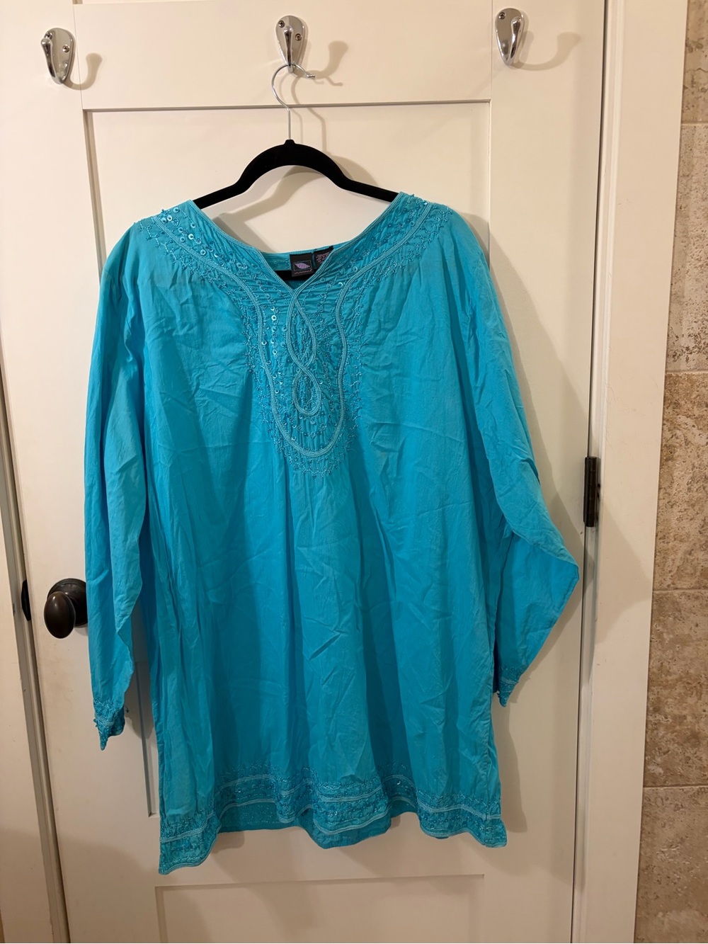 Relaxed Turquoise Embroidered Women’s Tunic Top